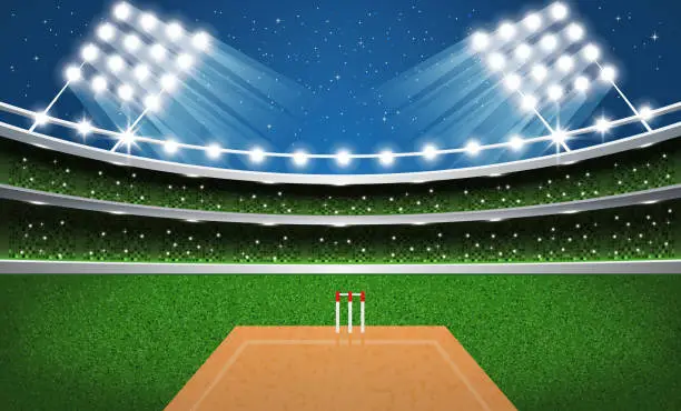 Vector illustration of Cricket Stadium with Neon Lights. Arena.