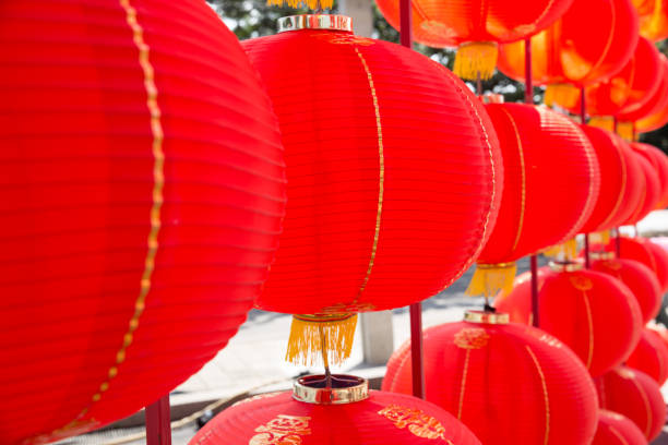 istock Chinese New year celebration decorate with red lantern. 649626308