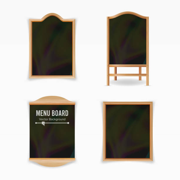 menu wektor czarnej płyty. pusty zestaw menu kawiarni. realistyczna drewniana tablica pusta ilustracja - easel blackboard isolated wood stock illustrations