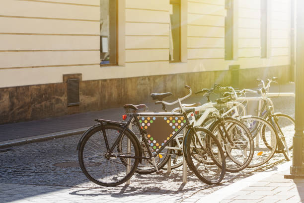 istock Group of bicycles in the row. Bikes for rent docking station. Selective focus. 649633562