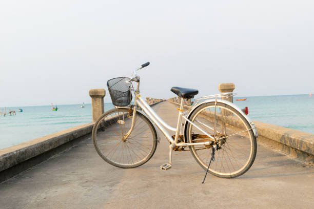 istock Bicycles parked on a bridge in the sea. 649634364