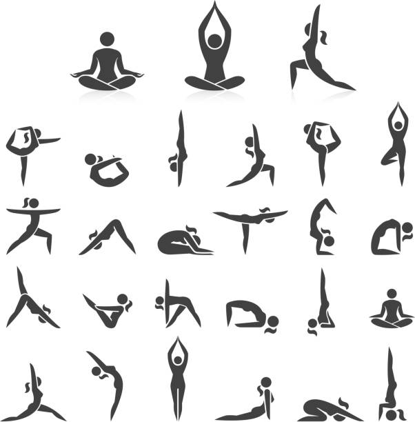 요가 여자 아이콘을 설정 포즈. - white background yoga exercising women stock illustrations