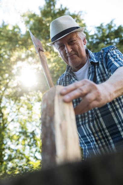 istock Senior man chopping firewood 649637878
