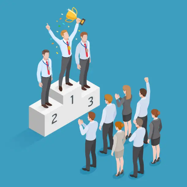 Vector illustration of Business people isometric concept design. Winner Business man have golden medal standing on pedestal holding a winner cup over his head with group of business people.