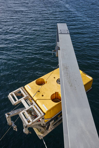 istock Scientific submarine robot with crane ready to be submerged. 649641930
