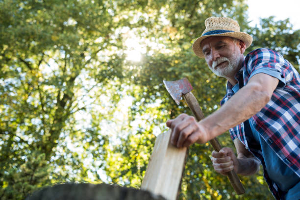 Senior man chopping firewood