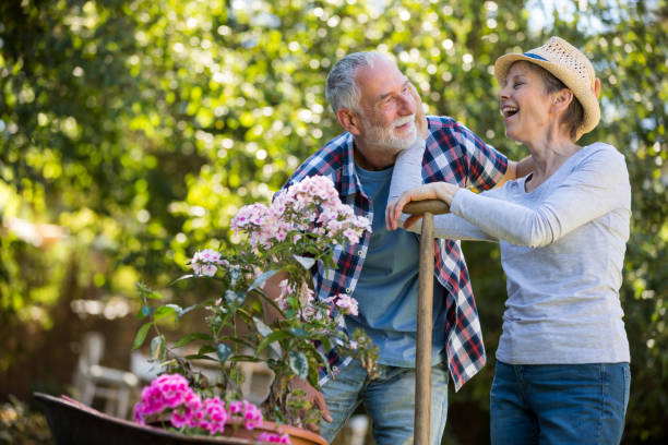 istock Senior couple interacting with each other in the garden 649643106