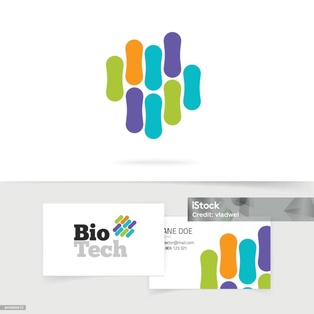 Logotipo de bio tecnologia com estrutura genética do microorganismo de cor abstrata - Vetor de DNA royalty-free