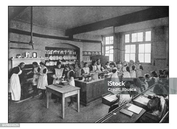 Antique Londons Photographs Cooking Class Stock Illustration - Download Image Now - School Building, Archival, Education