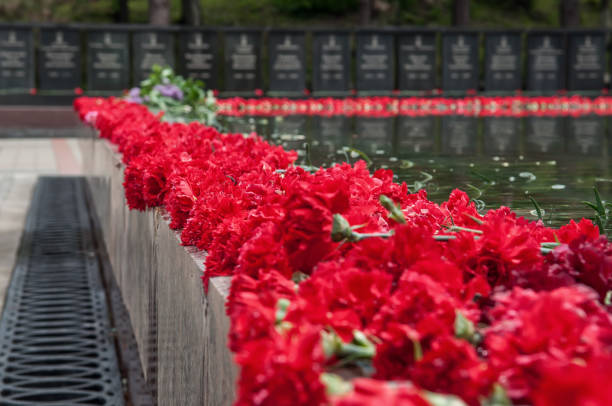 istock The celebration of may 9. Red carnations on the monument. 649661372