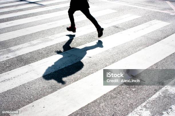 Kids Shadow On Zebra Crossing Stock Photo - Download Image Now - Child, Crosswalk, Street