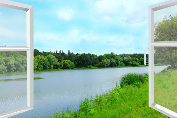 istock opened window with view to summer landscape with forest and lake 649675678