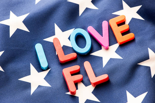 istock American flag with I Love FL word 649676426