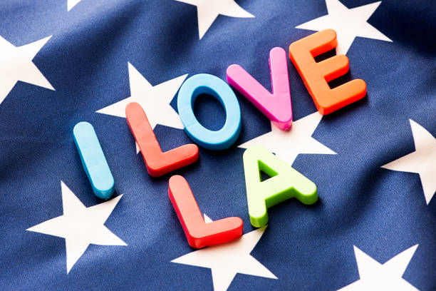 istock American flag with I Love LA  word 649676430