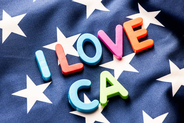 istock American flag with I Love CA  word 649676432