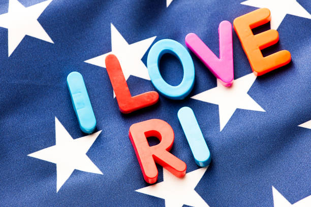 istock American flag with I Love RI  word 649676664