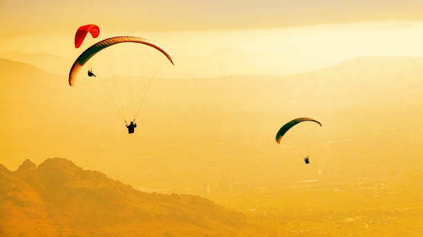 istock Paragliders in flight in summer at sunset 649677178