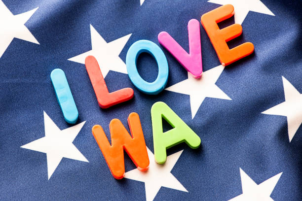 istock American flag with I Love WA word 649677350