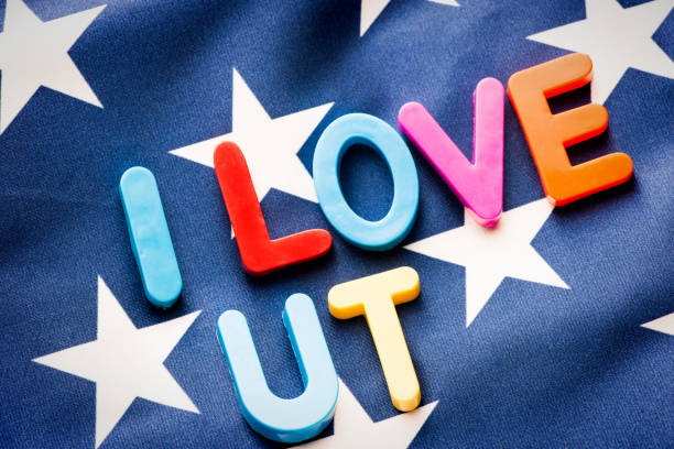 istock American flag with I Love UT word 649679396