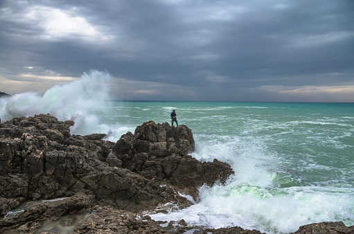 Extreme fishing. Panorama of sea shore. Greece