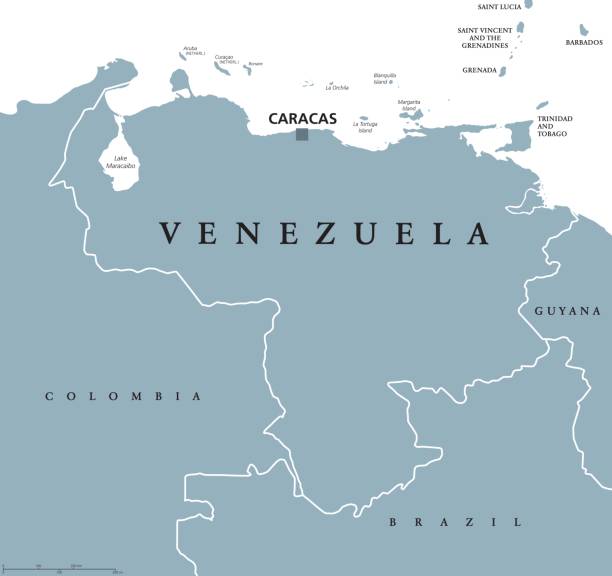 Venezuela political map Venezuela political map with capital Caracas and national borders. Bolivarian and federal republic, a country on northern coast of South America. Gray illustration over white. English labeling. Vector trinidad tobago map stock illustrations