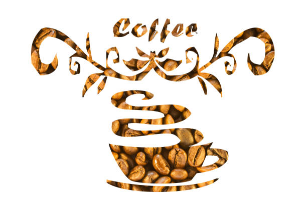 Coffee beans stacked in form of cup of coffee and inscription coffee on a white background