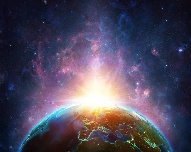 amanecer en el planeta tierra - europa ver - satellite view earth globe sunrise fotografías e imágenes de stock