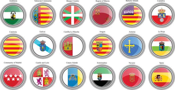 아이콘의 집합입니다. 스페인 깃발의 자치 공동체입니다. - murcia stock illustrations