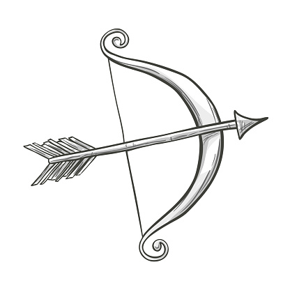 Monochrome sketch style illustration of Cupid bow and arrow, symbol of love and Valentine's Day. Vector.