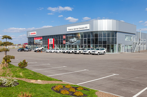 SAMARA, RUSSIA - MAY 11, 2015: Office of official dealer Toyota. Toyota Motor Corporation is a Japanese automotive manufacturer headquartered in Toyota, Aichi, Japan