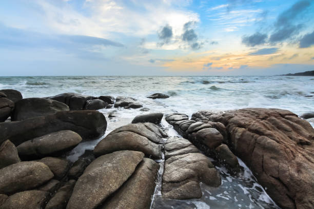 istock Rocky beach in twilight time 649722512