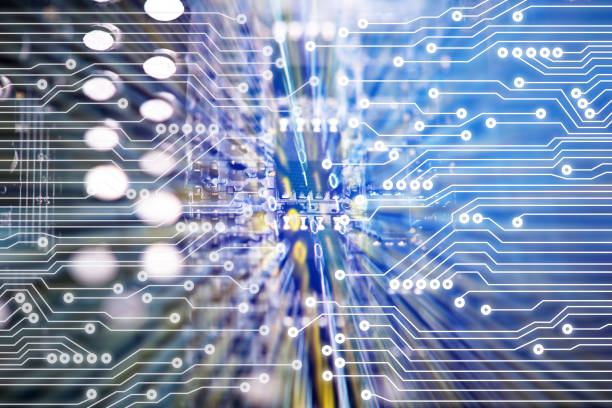 Digital binary data and electronic circuit board. Cyber security concept background. stock photo