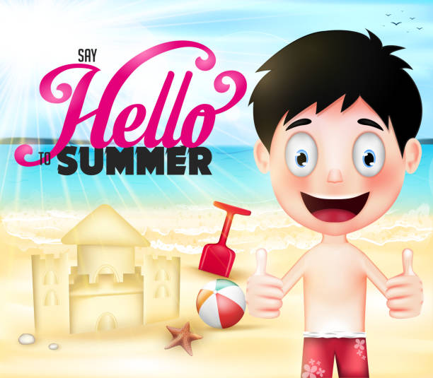 поздоровайтесь с летом счастливый мальчик играет песчаный замок - children only child huddle sun stock illustrations