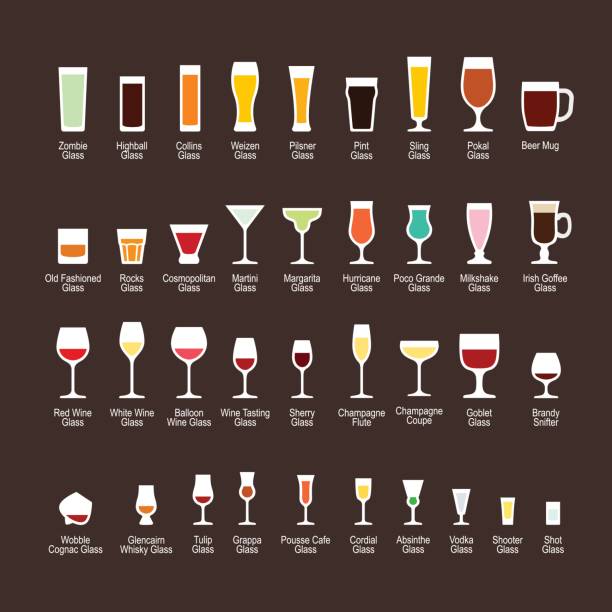 ilustrações de stock, clip art, desenhos animados e ícones de glass types with titles, flat icons set - vector alcohol cocktail highball glass