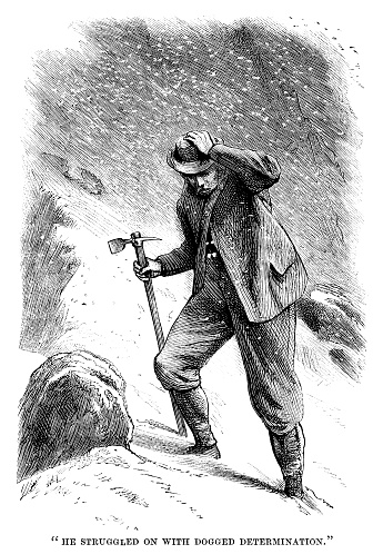 A Victorian walker struggling through the snow in clothing totally unsuited to mountaineering - though he does have an ice axe. From “The Family Friend - with illustrations by First-class Artists”. Published by SW Partridge & Co, London, in 1877.