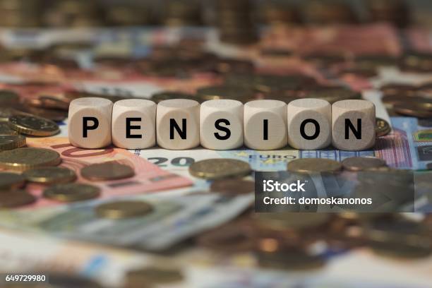 Pension Cube With Letters Money Sector Terms Sign With Wooden Cubes Stock Photo - Download Image Now