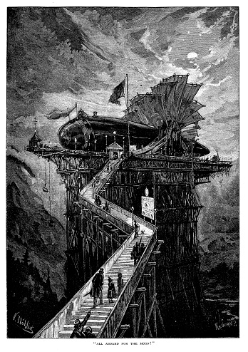 All aboard for the moon - scanned 1881 engraving