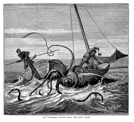 Fishermen battle with the giant squid - scanned 1881 engraving