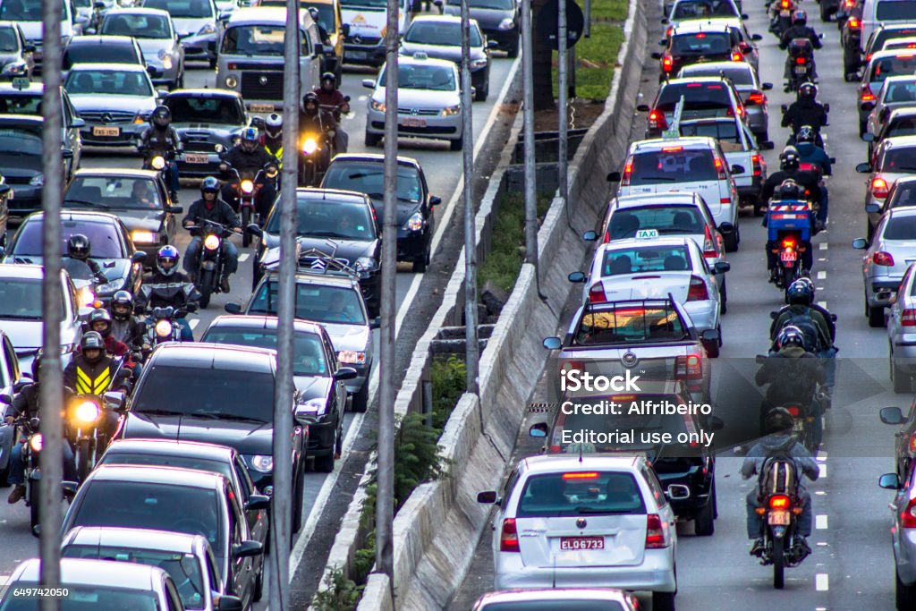 traffic jam Sao Paulo, Brazil, May 07, 2013 Traffic Jam in 23 de Maio Avenue, downtown Sao Paulo Motorcycle Stock Photo