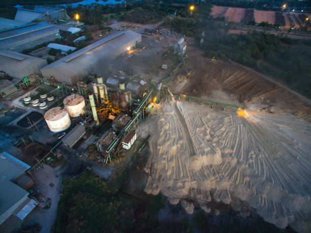 istock aerial view from drone sugar factory at night. 649742796