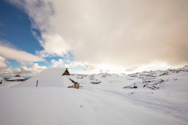 Snow covered houses and landscape against cloudy sky. Beautiful view of Slovenia during winter. Travel locations.