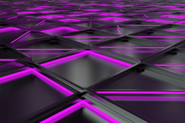 istock Wall of brushed metal tiles with diagonal glowing elements 649749224