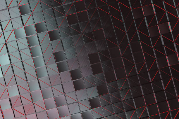 istock Wall of brushed metal tiles with diagonal glowing elements 649749828
