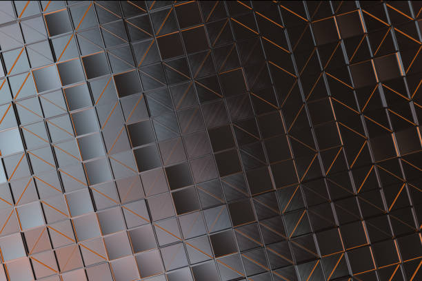 istock Wall of brushed metal tiles with diagonal glowing elements 649750950