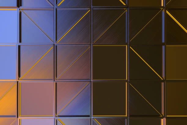 istock Wall of brushed metal tiles with diagonal glowing elements 649754784