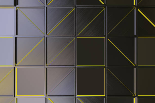 istock Wall of brushed metal tiles with diagonal glowing elements 649754838