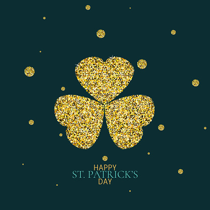 Shamrock leaf on abstract glitter dotted background for Saint Patrick's Day celebration. Gold sparkling clover leaf with bright grainy texture. Perfect for party invitations, posters, banners, cards.