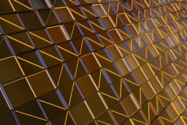 istock Wall of brushed metal tiles with diagonal glowing elements 649757222