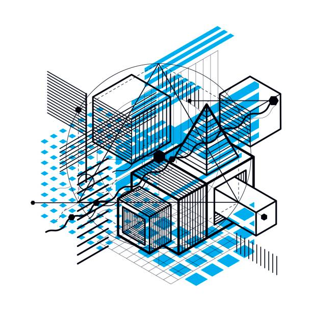 istock Lines and shapes abstract vector isometric 3d background. Layout of cubes, hexagons, squares, rectangles and different abstract elements. 649757314