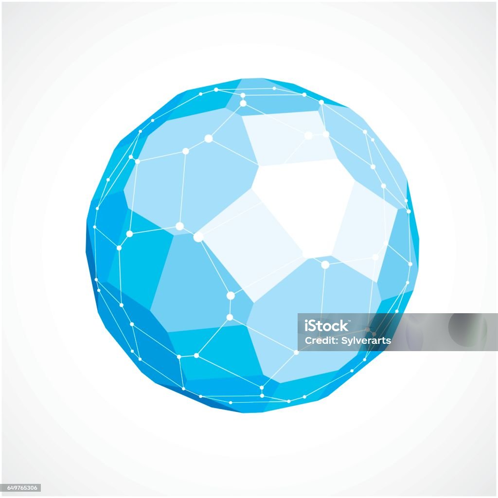 3d vector digital wireframe spherical object made using facets. Geometric polygonal blue ball created with lines mesh and pentagons. Low poly shape, lattice form for use in web design. Sphere stock vector 3d vector digital wireframe spherical object made using facets. Geometric polygonal blue ball created with lines mesh and pentagons. Low poly shape, lattice form for use in web design. Sphere stock vector